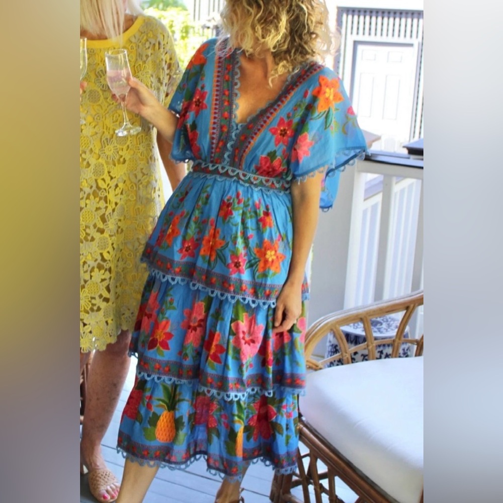 FARM Rio Blue Tropical Tapestry Layered V-Neck Dress NWT
